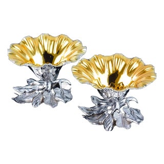 Antique Silver Salt Cellars with Naturalistic Flower Decor by William Bateman, 1832, Set of 2 For Sale