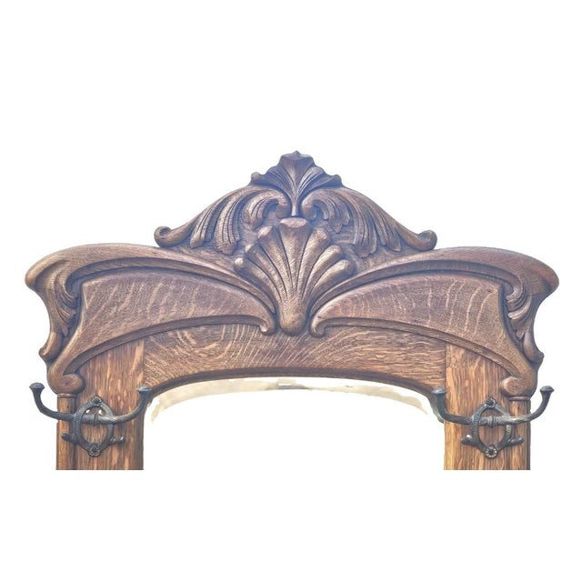 Wood Antique American Tiger Oak Hall Tree With Carved Crest, Beveled Mirror & Storage Bench, C. 1900 For Sale - Image 7 of 18