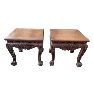 Pair of Vintage Asian Chinoiserie Carved Hardwood Low Side Tables For Sale