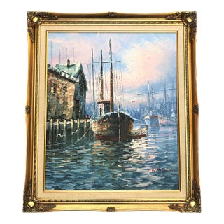 Vintage Signed & Framed W. Haywood Painting on Canvas, Boats and Old Boathouse For Sale