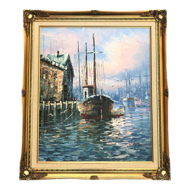 Vintage Signed & Framed W. Haywood Painting on Canvas, Boats and Old Boathouse For Sale
