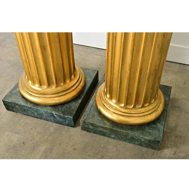 Wood French Pair of Neoclassical Giltwood & Marble Top Columns For Sale - Image 7 of 12