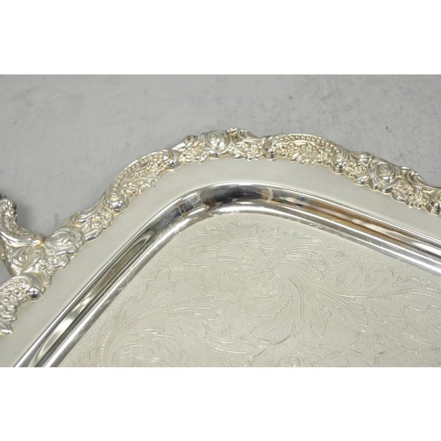 Vintage Oneida Victorian Silver Plated Etched Butlers Serving Platter Bar Tray For Sale In Philadelphia - Image 6 of 15