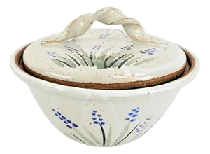 Studio Pottery Covered Serving Bowl With Lid, Blue Floral Hand Painted Design 8"