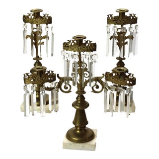 Three Piece Antique Bronze & Crystal Girandole Set With Marble Base C1900 For Sale