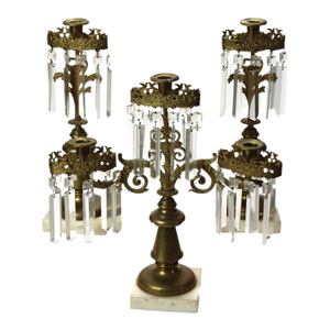 Three Piece Antique Bronze & Crystal Girandole Set With Marble Base C1900