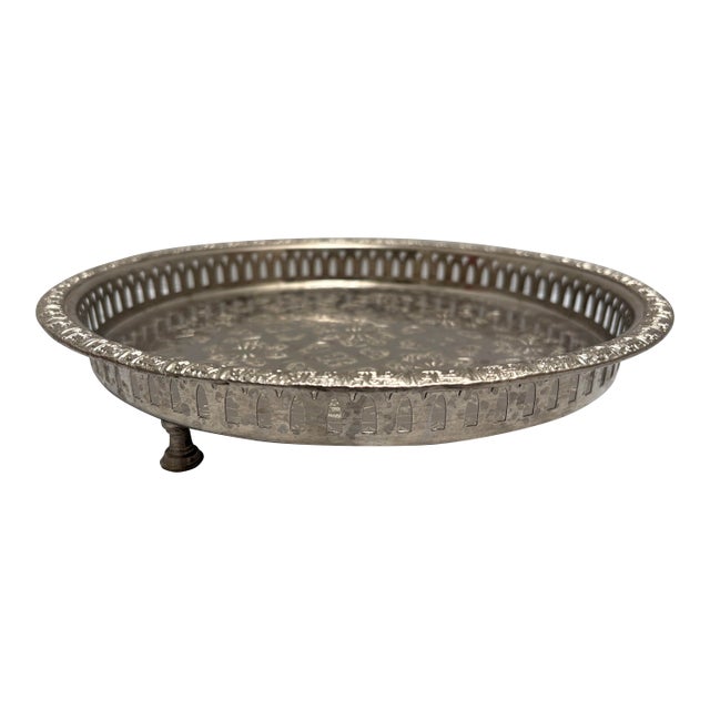 Vintage Etched Moroccan Silver Tea Tray, Accent Tray For Sale