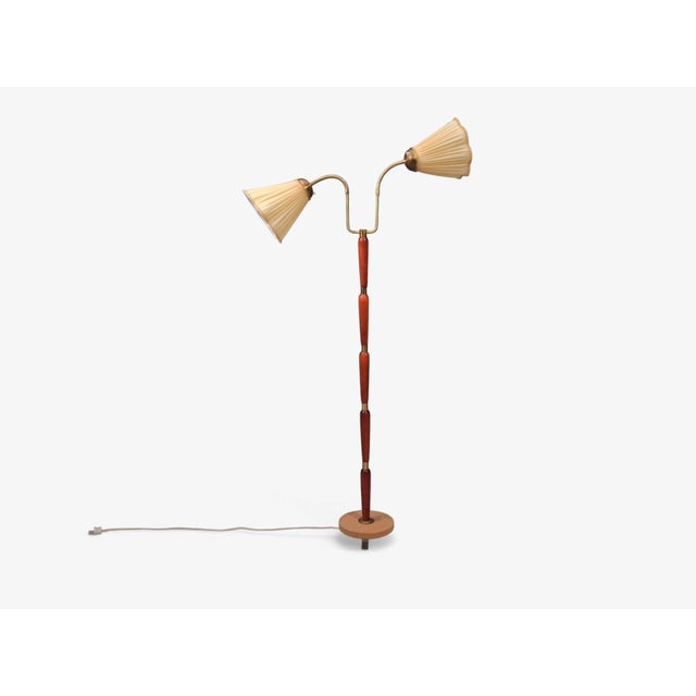 1950s 1950s Mid Century Modern, Double Light Floor Lamp, Wood, Brass, Fabric For Sale - Image 5 of 12