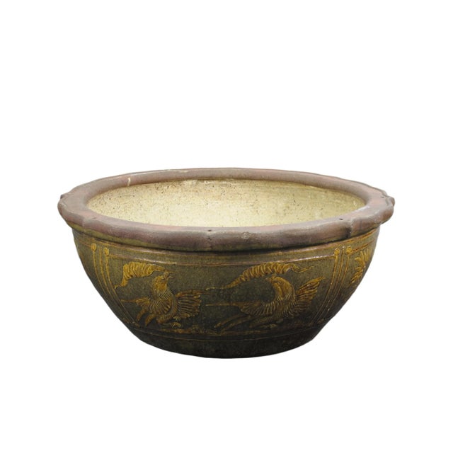 Large Vintage Glazed Earthenware Planter With Hand Painted Mystic Birds and Plants For Sale - Image 4 of 8