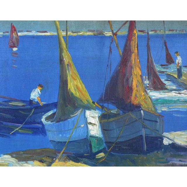 Danish Mid Century Modern Harbor Seascape With Boats For Sale - Image 4 of 7