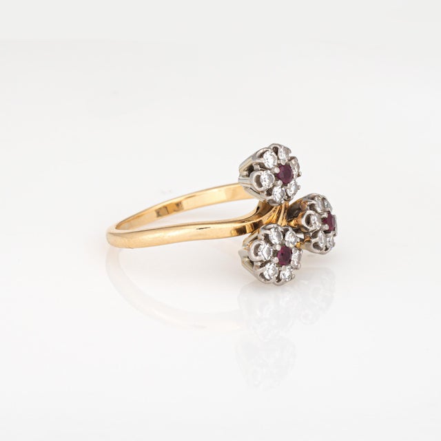 60s Vintage Jabel Ring Diamond Ruby 3 Flower Posey Cluster Sz 6.75 18k Gold For Sale - Image 4 of 6