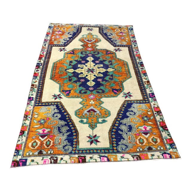 1960s Vintage Turkish Oushak Rug - 4′ × 7′2″ For Sale