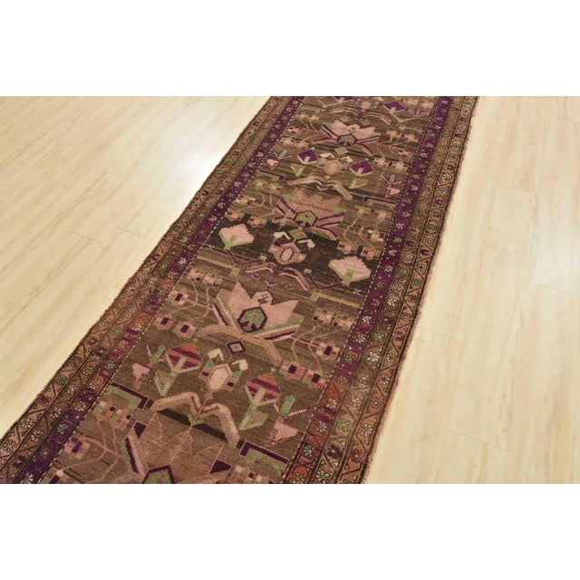 1970s Vintage Runner 3’7” X 9’7” Brown Wool Tribal Hand-Knotted Rug ...