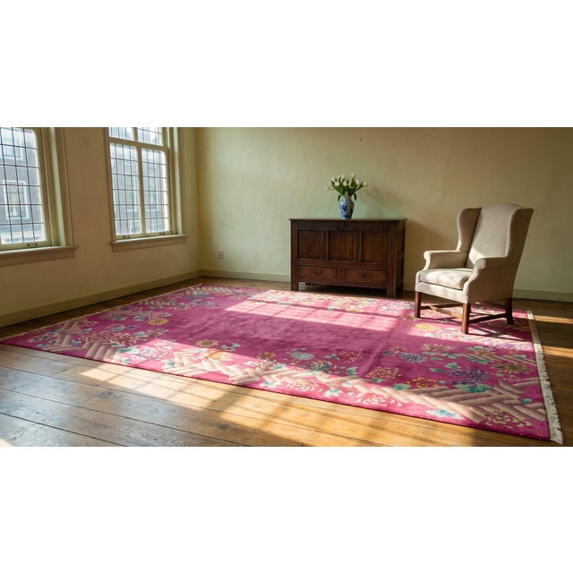 Bright Pink Fancy Pink Background Color With Special Floral Pattern Antique Chinese Art Deco Rug For Sale - Image 8 of 10