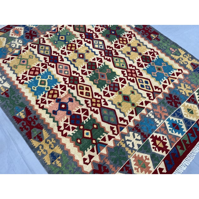 2000 - 2009 5'1" X 6'5" Multicolor Afghan Chobi Geometric Wool Flatweave Kilim Rug For Sale - Image 5 of 16