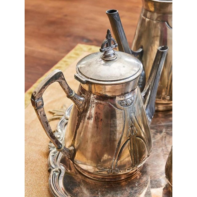 Metal Art Nouveau Tea and Coffee Set with Monogram CM, Set of 5 For Sale - Image 7 of 12