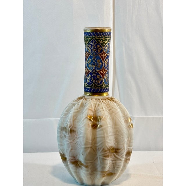 Tall Art Glass Vase With Melon Ribbing, Gilt and Enamel Opal Glass Attributed to Harrach, 1880s-1920's. For Sale - Image 11 of 15