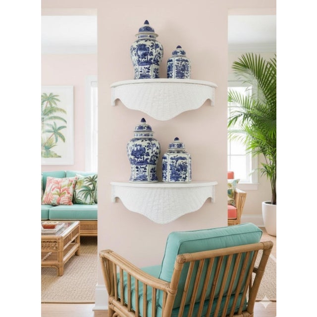 Vintage White Basket Weave LargePalm Beach Regency Style Wall Shelfs- A Pair For Sale In West Palm - Image 6 of 10