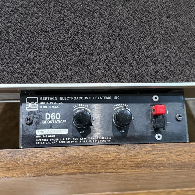 For your consideration, a pair of Bertagni Electroacoustic System (BES) Geostatic speakers, specifically the BES D60...