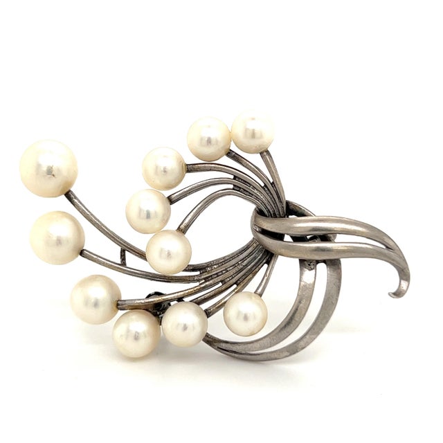 Mikimoto Estate Akoya Pearl XL Spray Brooch Sterling Silver 7.62 mm M265 This elegant Authentic Mikimoto Silver brooch has...