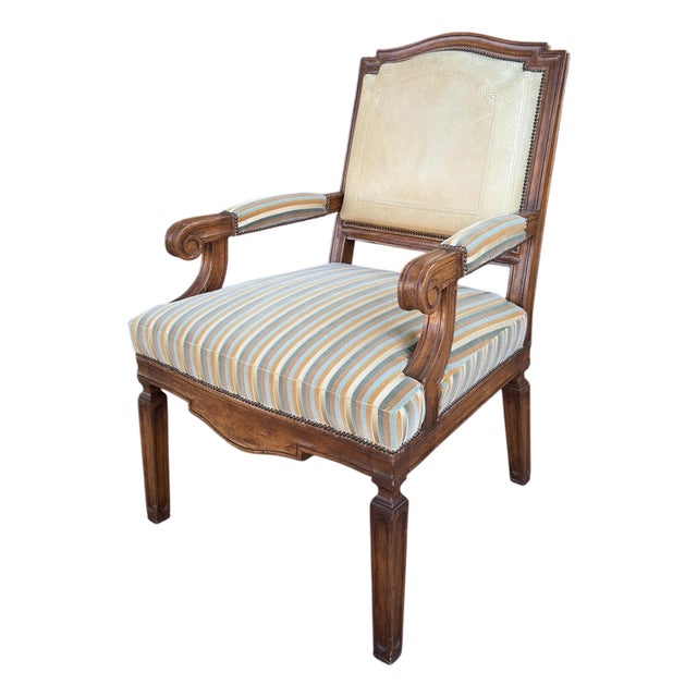 Hendrix Allardyce Neoclassical Walnut Leather & Velvet Arm Chair For Sale