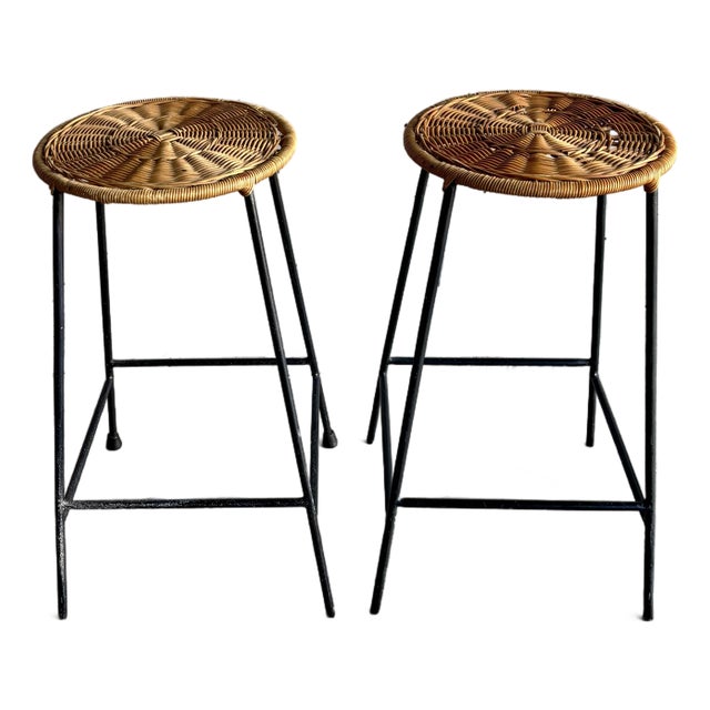 Vintage Mid-Century Iron & Wicker Barstools, Attributed to Arthur Umanoff, Pair For Sale