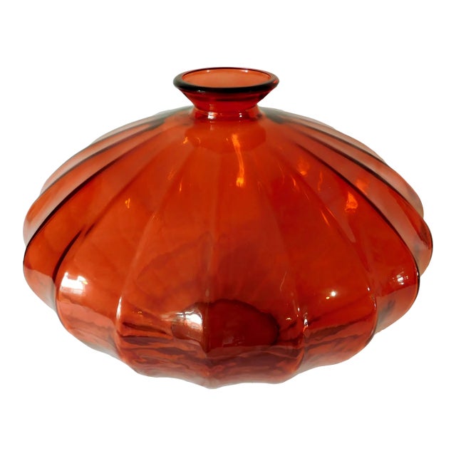 Large Vintage C1980s Red Scalloped Glass Floor Vase For Sale