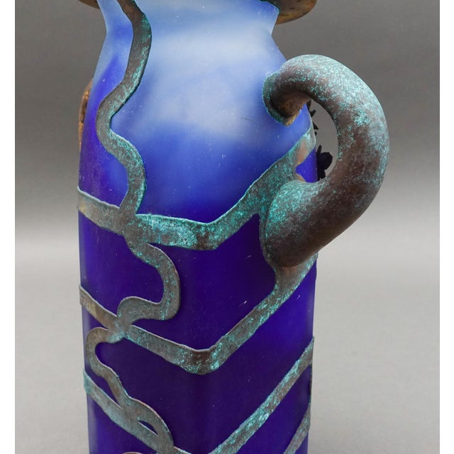 Mid 20th Century Anca Podaru Ama Romanian Copper Overlay Handled Art Glass Nouveau Vase For Sale - Image 9 of 10
