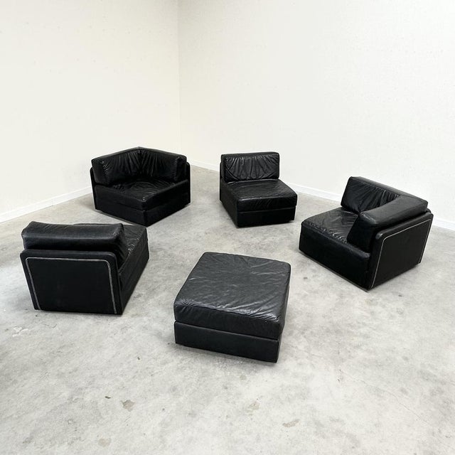 Modular Lounge Set in Black Leather, 1970s, Set of 5 For Sale - Image 10 of 11