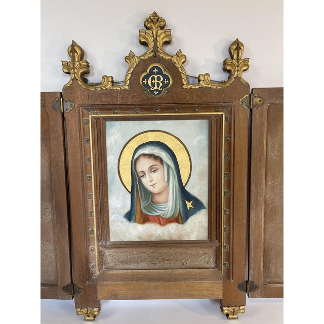Wood Large Religious Triptych Virgin Mary, 1800s For Sale - Image 7 of 15