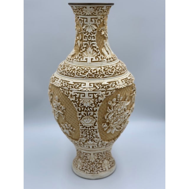 Antique Chinese Hand Carved Lacquered Cinnabar Over Brass Floral Motif Vase Set For Sale - Image 10 of 12