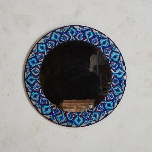 5/5 Blue Hand-Painted Enamel Mirror by Bodil Eje, Denmark 1960s For Sale - Image 4 of 11