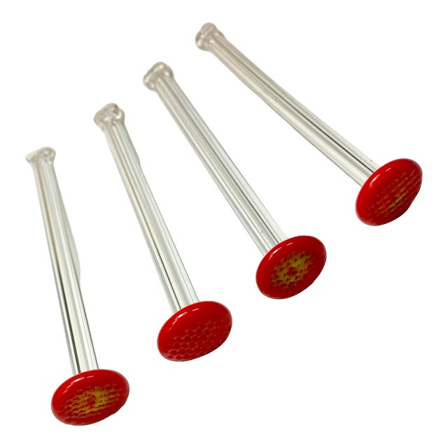 Vintage Clear and Red Glass Cocktail Muddlers- Set of 4 For Sale
