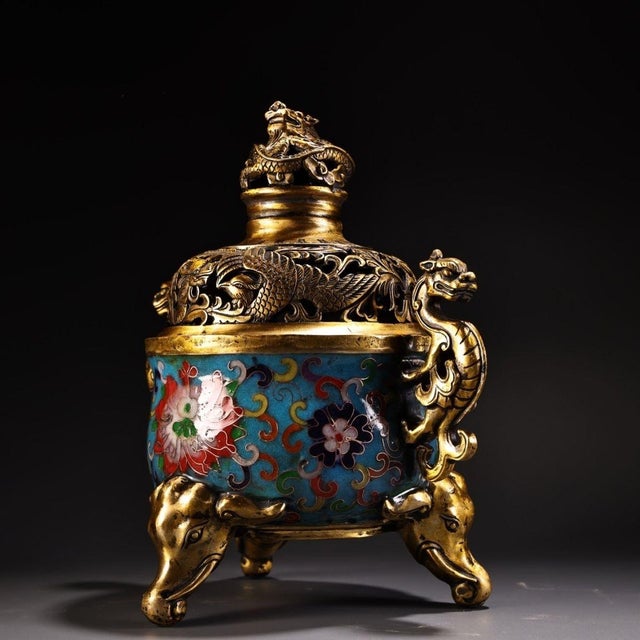 Vintage Chinese Gilt‑Brass Cloisonné Enamel Incense Burner, Dragon Ears Elephant Feet Censer For Sale - Image 10 of 10