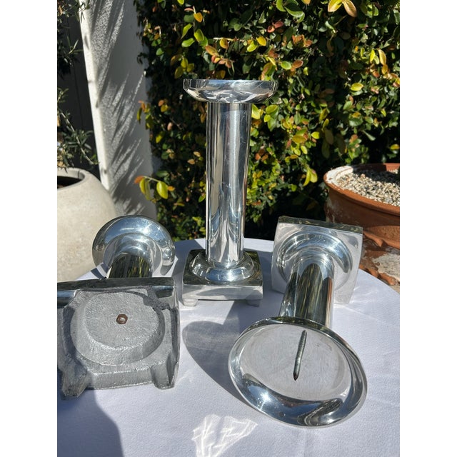 Silver Set of Three Vintage Pewter Silver Candle Holders For Sale - Image 8 of 12