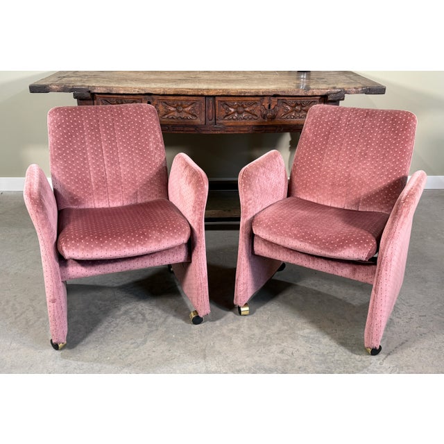 Chromcraft Vintage Mid Century Modern Chromcraft Velvet Upholstered Armchairs Pink Dot Pattern- A Pair For Sale - Image 4 of 8