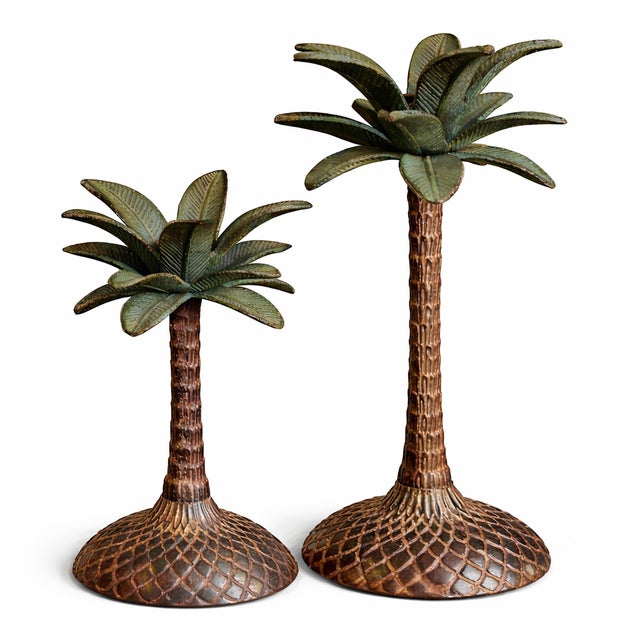 Brown Vintage Hollywood Regency Palm Tree Candlesticks With Verdigris Patina, a Pair For Sale - Image 8 of 8