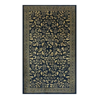 1920s Black and Gold Lotus Vine Antique Chinese Rug 6' X 9'8" Greek Key Border For Sale