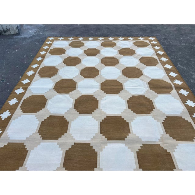 Textile Handmade Cotton Flat Weave Area Rug, Tile Patterned Tan, Beige and Cream Dhurrie - 10'x14' For Sale - Image 7 of 11