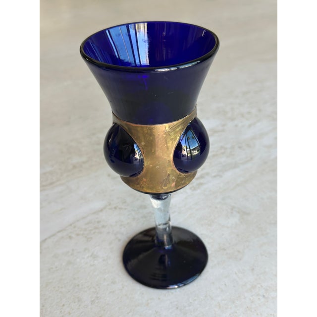Vintage mid-century brutalist, Felipe Derflingher, cage glass cobalt blue wine glass/goblet. Incredibly rare and unique,...