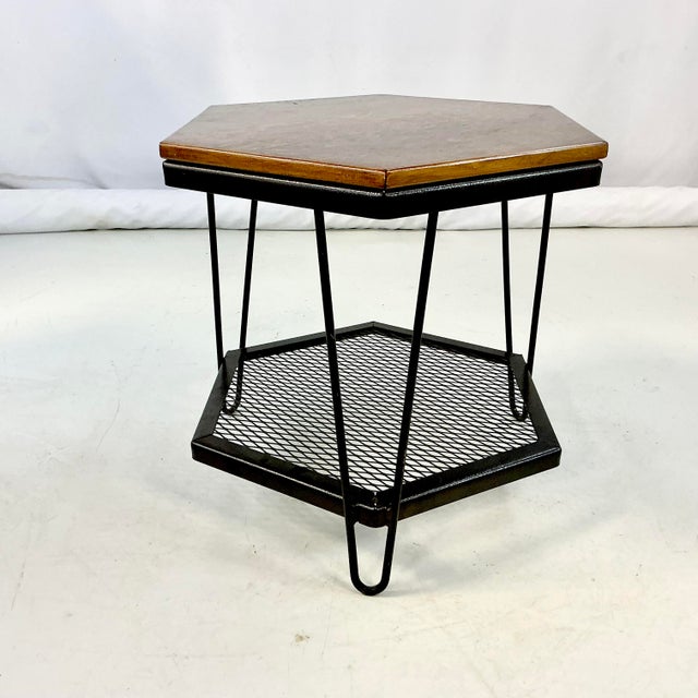 Mid-Century Boho Chic Industrial Metal & Pine Hexagonal Side Table. For Sale - Image 4 of 10