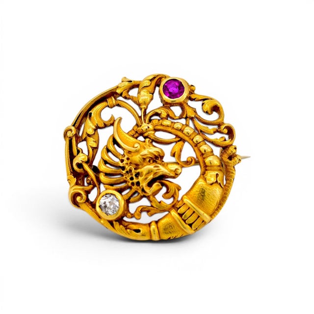 Art Nouveau Antique Art Nouveau 18k Gold Chimera Brooch, Ruby & Diamond - Andre Kauffer For Sale - Image 3 of 8