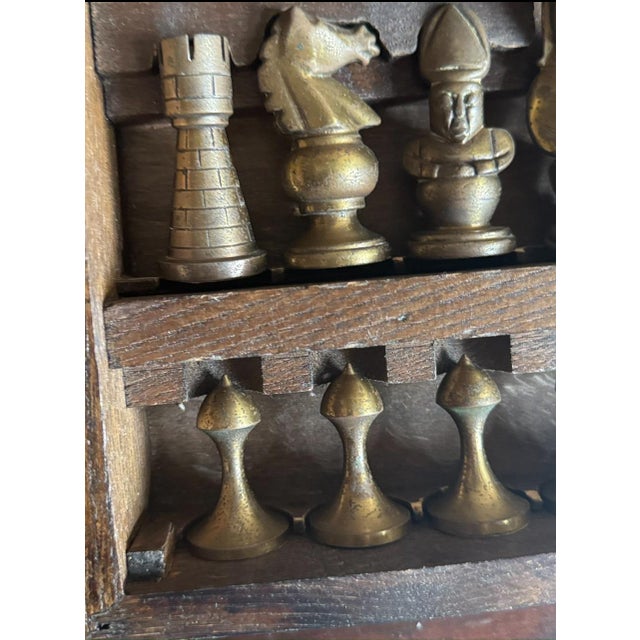 Mid-Century Medieval-Style Cast Metal Chess Set With Hardwood Board and Hand-Carved Storage Box For Sale - Image 12 of 14