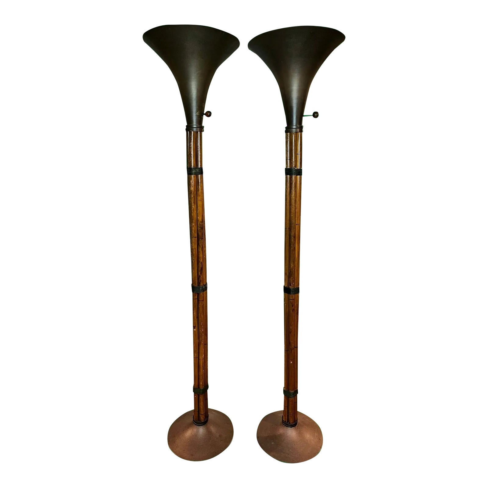 Vintage Russel Wright Attributed Spun Brass and Bamboo Torchiere Floor