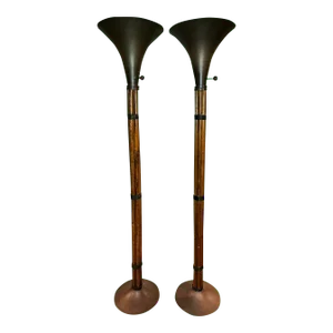 Vintage Russel Wright Attributed Spun Brass and Bamboo Torchiere Floor Lamps - a Pair
