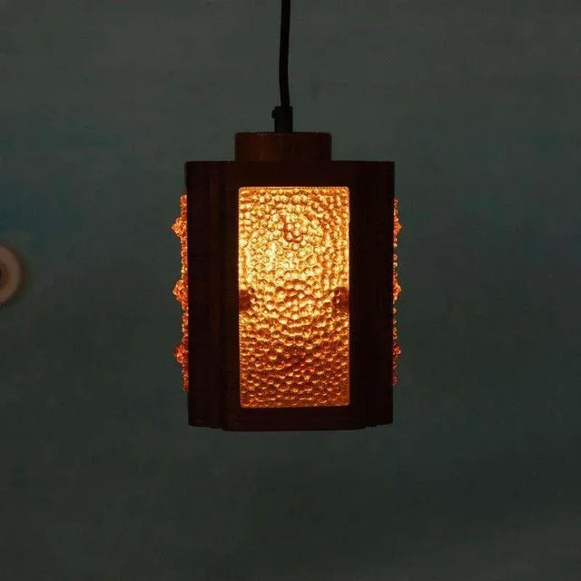 Glass Vintage Glass & Teak Hanging Lamp, 1960s For Sale - Image 7 of 8