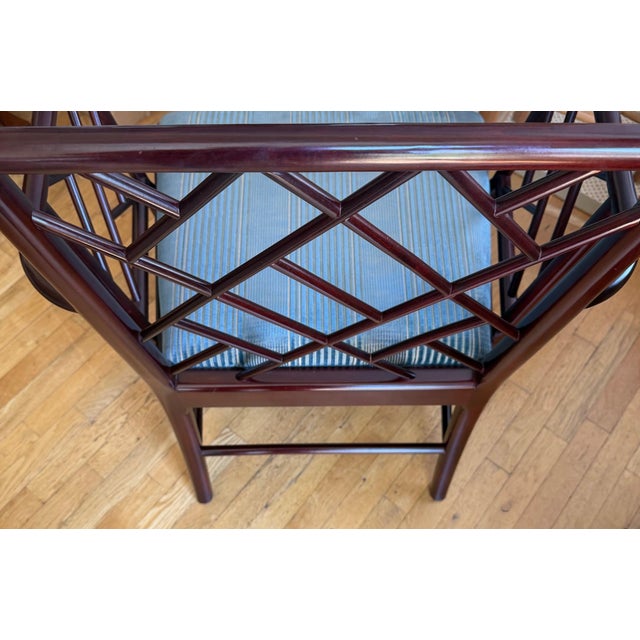 Air of Baker Chinoiserie Lacquered Lounge Chairs With Geometric Lattice Backs & Upholstered Seats For Sale - Image 17 of 18