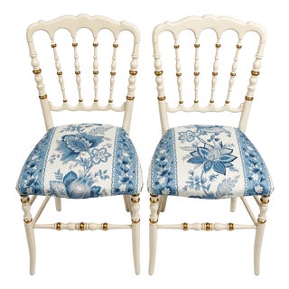 Napoleon III Style Chair in Ivory Lacquer with Gilt Details and Blue Floral Upholstery, 1970s For Sale