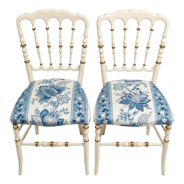 Napoleon III Style Chair in Ivory Lacquer with Gilt Details and Blue Floral Upholstery, 1970s For Sale