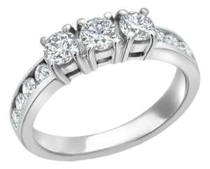 14k White Gold Three-Stone Natural Diamond Ring Weighing 0.95 Carat, Size 5.5